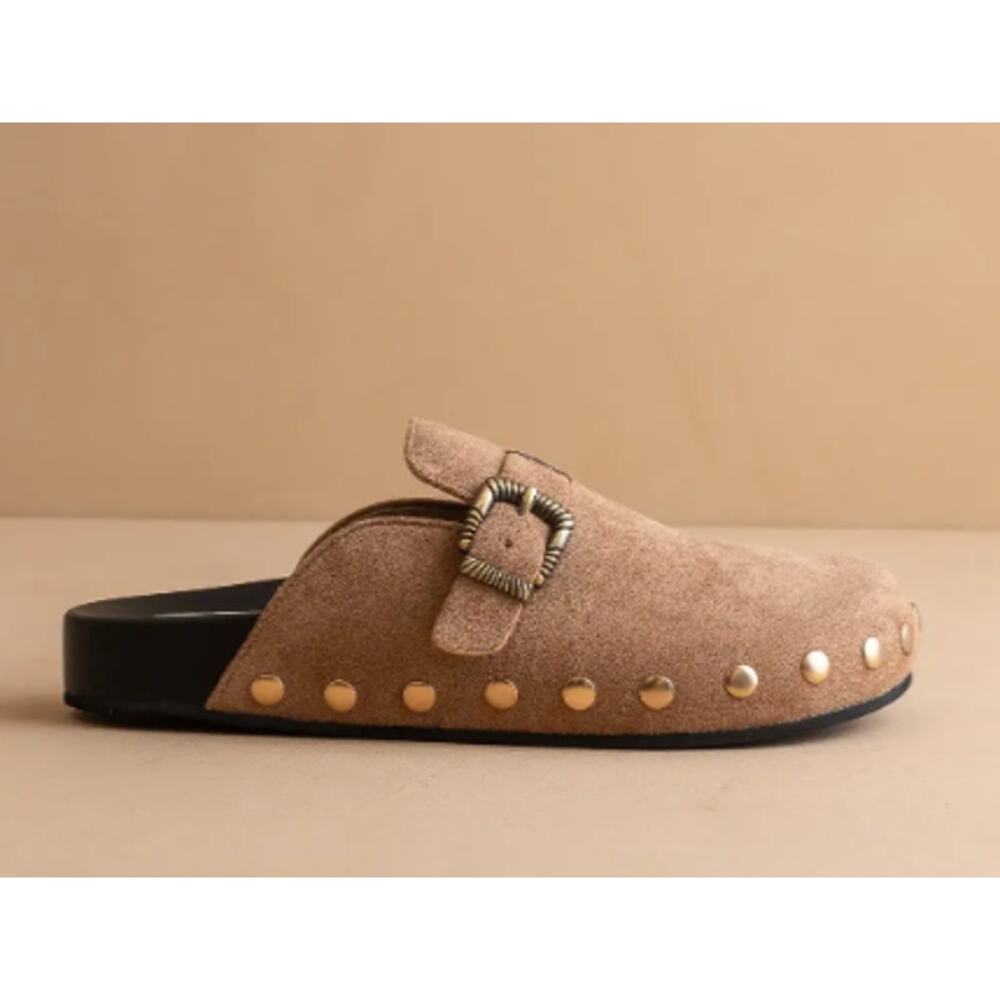 Oasis Society Womens Tan Suede Studded Clog Mules Buckle Platform Slides NEW